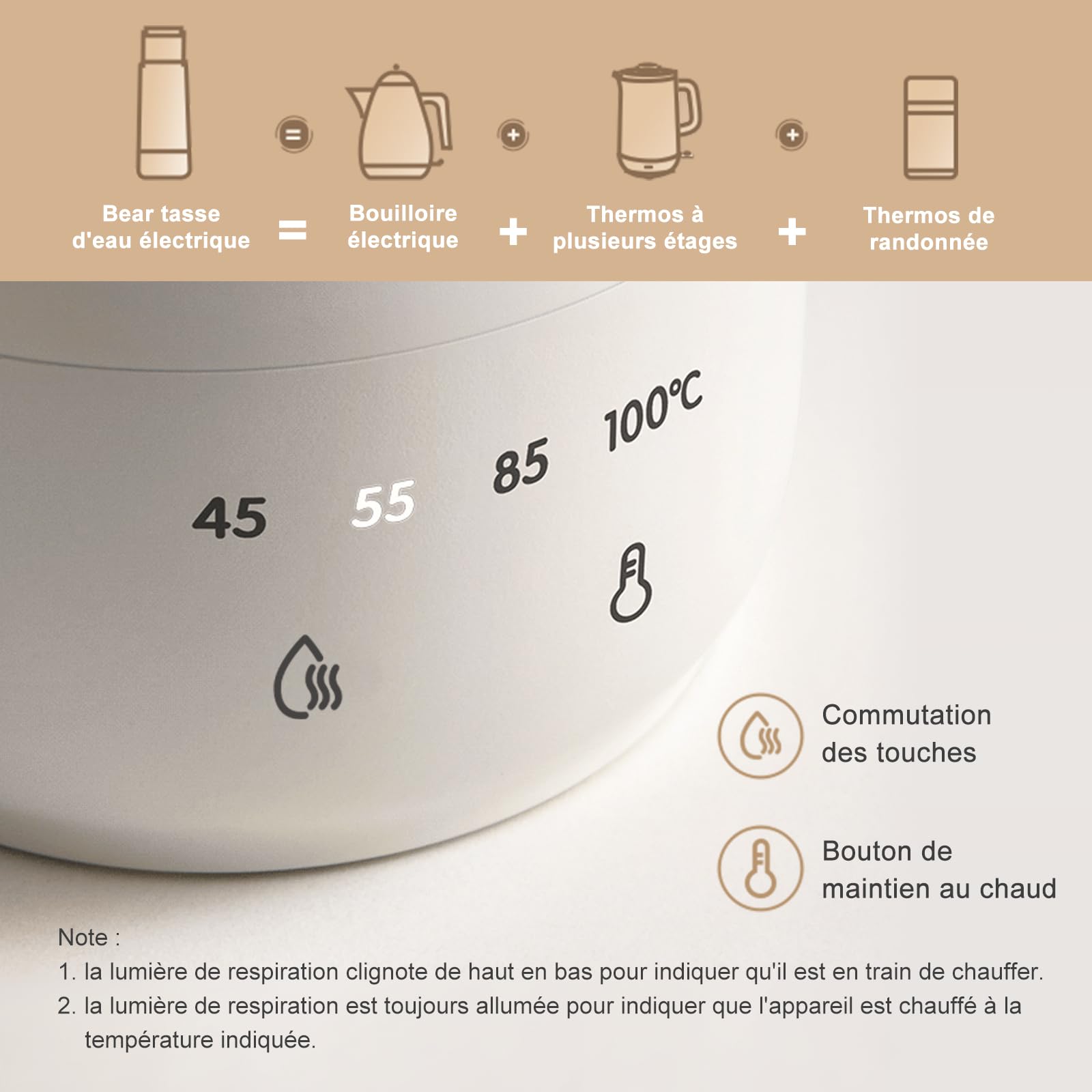 Bear 300 ml 4 Temperatures Bouilloire Electrique 3 en 1 Bouilloire Electrique de Voyage Doublure en Acier Inoxydable Double 304 Petite Tasse de Chauffage Rapide Portative