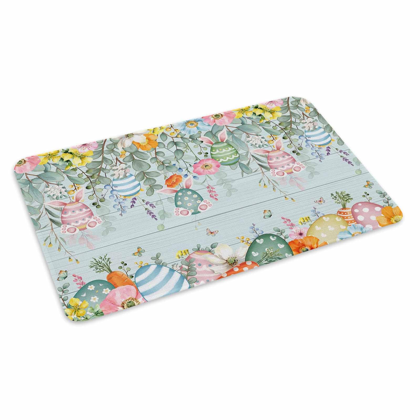 Easter Front Door Mat Indoor Outdoor Entrance Welcome Floor Mats, Spring Eggs Eucalyptus Branch Floral Wooden Heavy Duty Absorbent Doormat, Non-Slip Rugs for High Traffic Areas 18"x30"