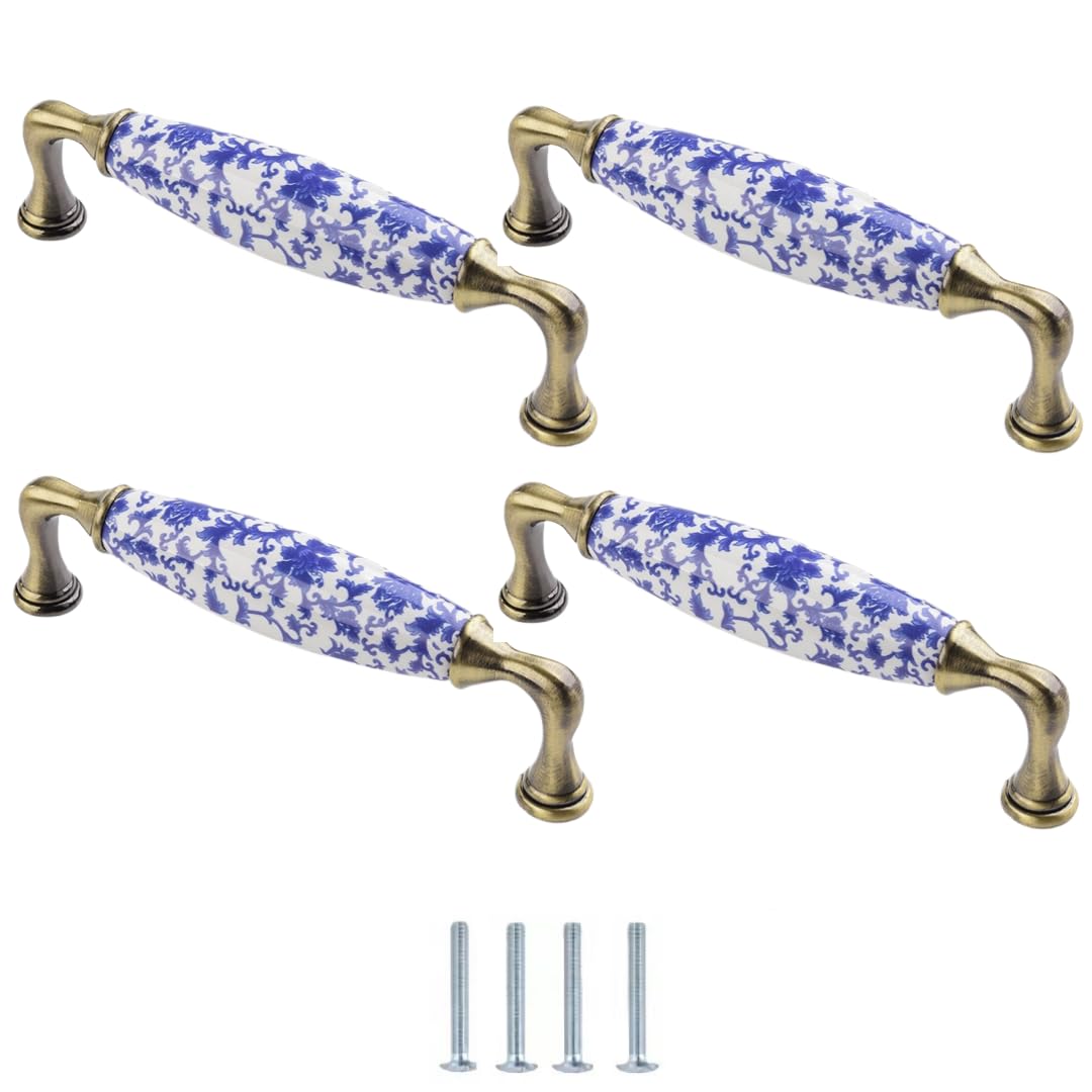 LQZAXSRDR Ceramic Cupboard Drawer Handle Knobs, Blue and White Porcelain Ceramic Knobs Pack of 4 Multiple Sizes Single Hole(138 * 23 * 41mm)