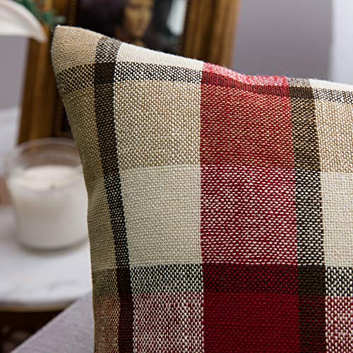 Miulee Pack Of 2 Decorative Pillow Covers Checkered Plaids Tartan Pillowcases Linen Rustic Farmhouse Square For Decor Bench Sofa Couch Car Bedroom Red And Tan 18X18 Inch #TOP1