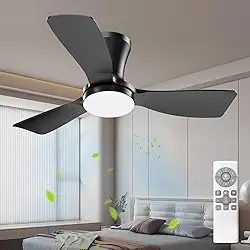 Ventilador de Teto Preto de Três Pás de 91 cm com Luz LED, Motor DC Silencioso, Controle Remoto, 6 Velocidades, 100-240V, Função Reversível e Instalação Flush Mount