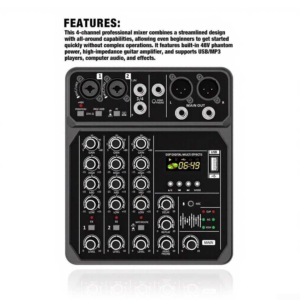 Console di mixaggio a 4 canali con riproduzione MP3 da 48 V per esibizioni all'aperto Musica Canto Mixer portatile