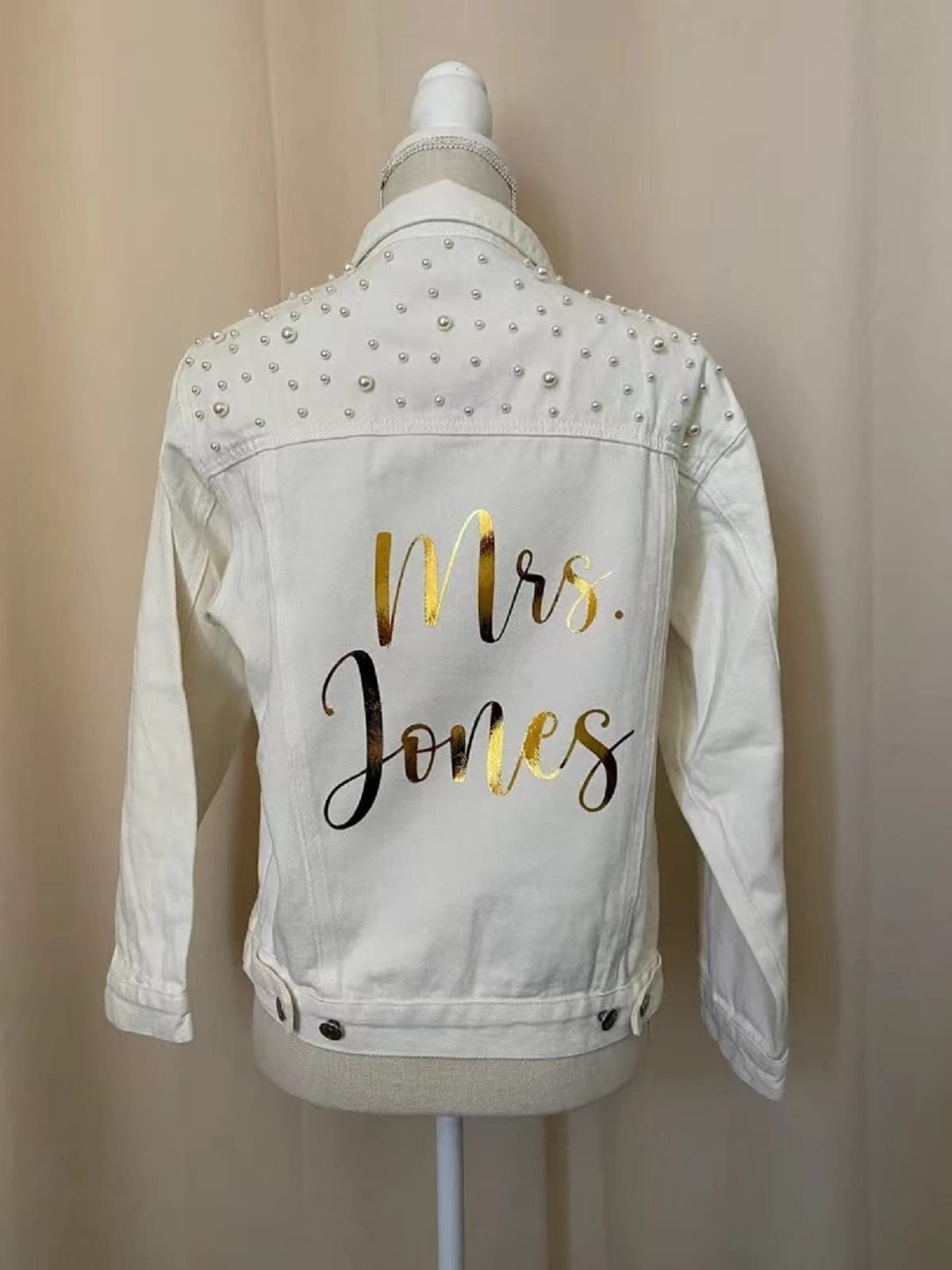 Personalizzato Perla Jean Cappotto Donna Giacca di Denim Bianco Con Perle Wifey Jean Cappotto Da Sposa Jean Cappotto