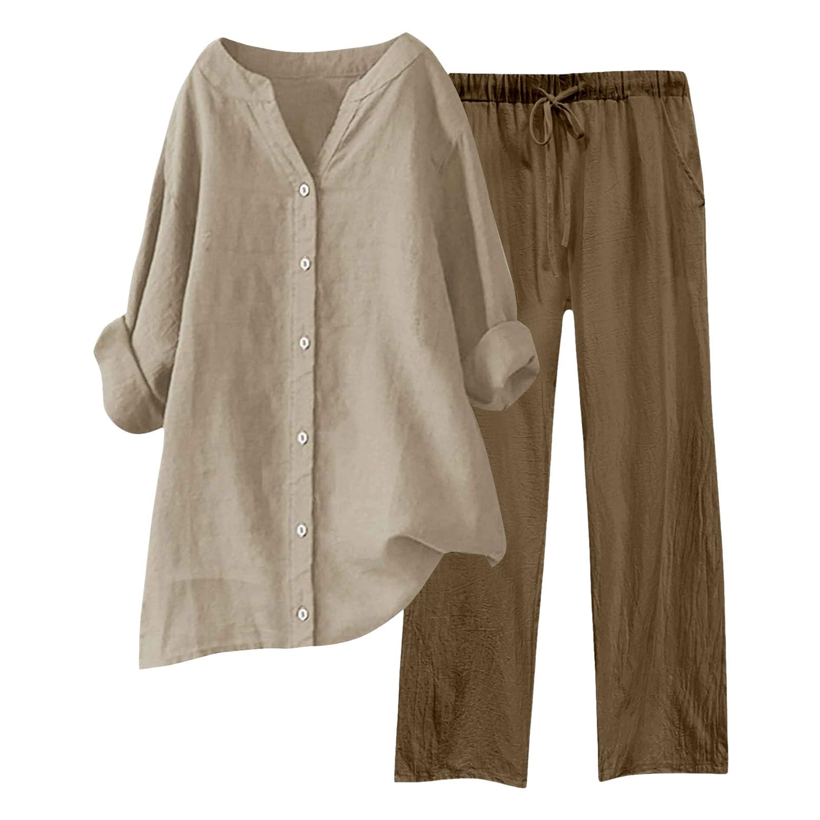 Ensemble Femme Chic Et Elegant Coton Et Lin Lâche Respirant T-Shirts + Pantalon Streetwear Tenue De Sport Costume Tailleur Décontracté Tenue De Plage Loungewear Set Pantalon Survetement