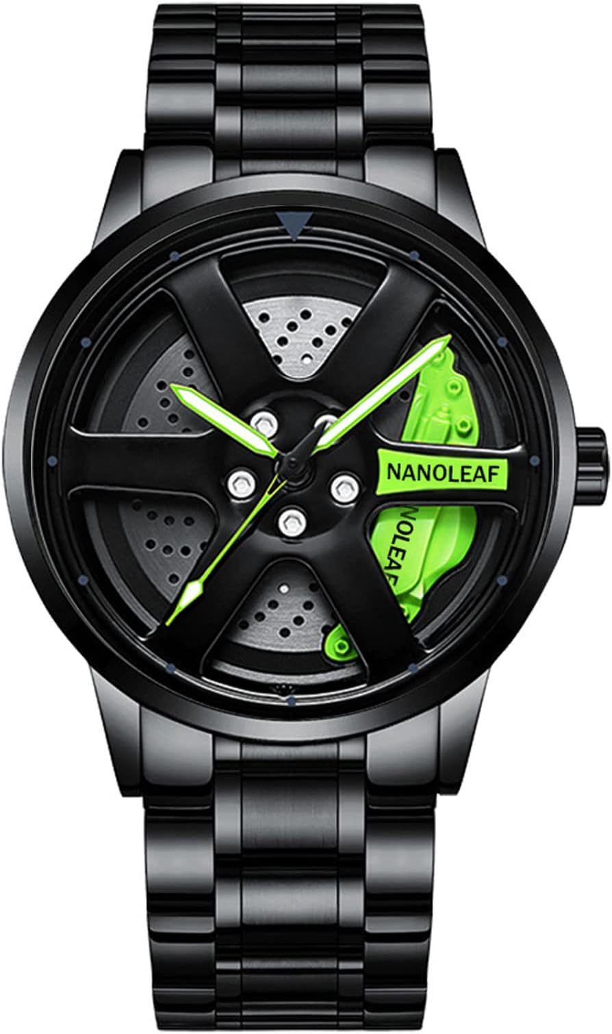 Car Wheel Watch, Stainless Steel Watch with Japanese Quartz Movement, Waterproof Sports Wrist Watch with Car Rim Hub Design for Men's Spinning Wheel