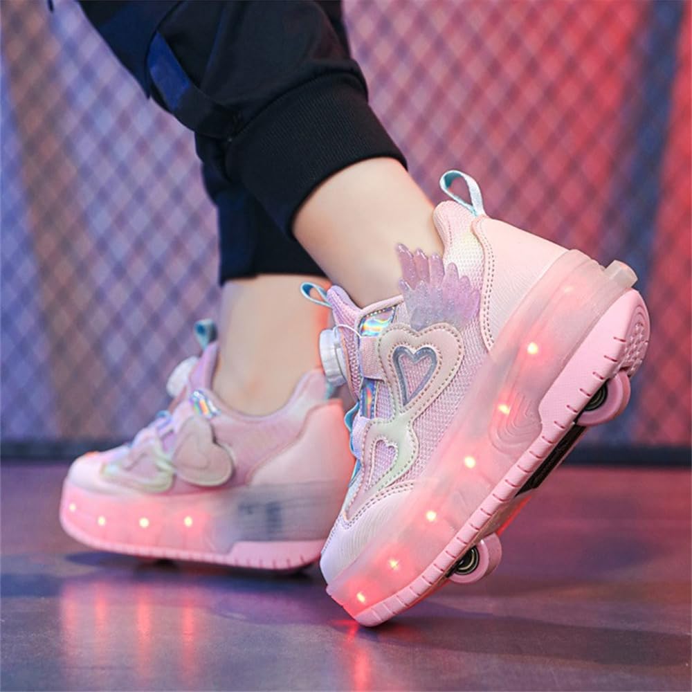Mateju Filles Chaussures à roulettes, Enfant Patins à roulettes Brillant Mode avec 2 roulettes Rétractables, Chaussures de Skateboard Chaussures de Sport d'extérieur