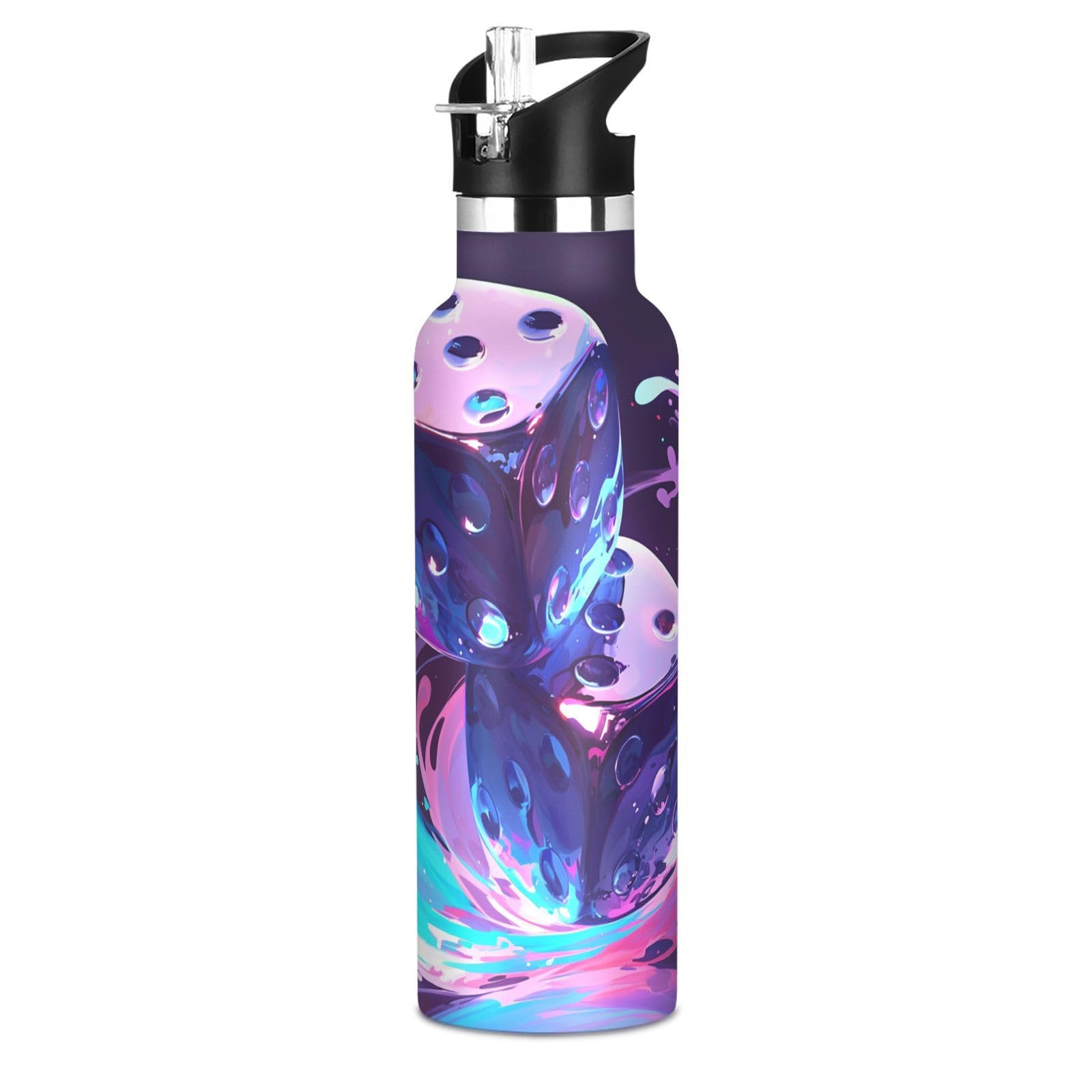 Kaaviyo Boys Pattern Purple Dice Vibrant Waves Water Bottle Stainless Steel Jug Insulated Vacuum Cup For Girls(600Ml)