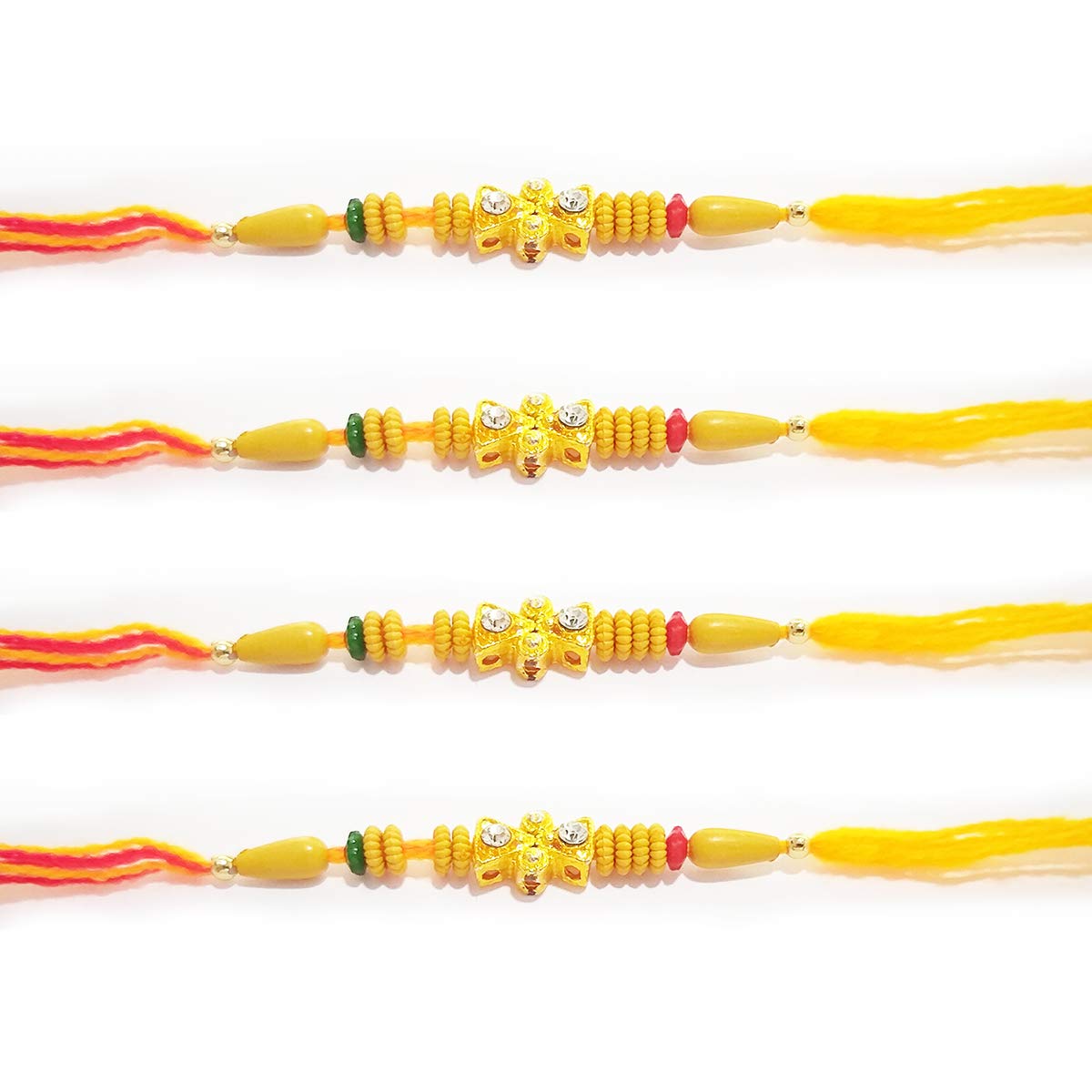 WhopperIndia Set of 4 Center Two Diamond and Small Beads Traditional Rakshabandhan Rakhee Bracelet Color and Design May Vary