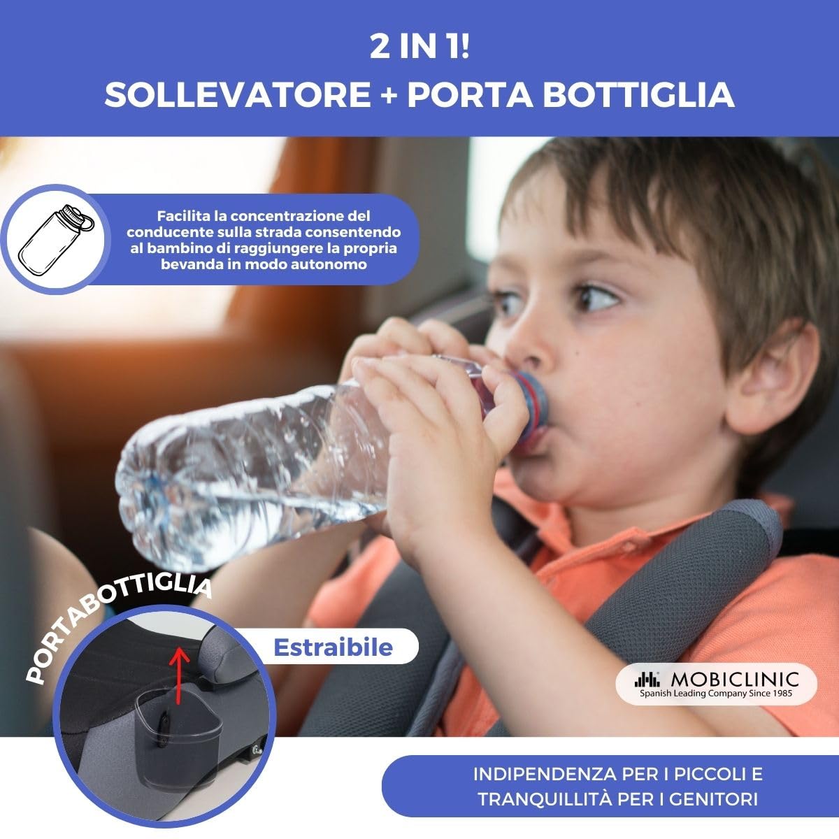 Mobiclinic®, Alzatina Auto Bimbi, ISOFIX Regolabile, I-Size ECE R129, Portabottiglie Rimovibile, 125-150 cm, Rivestimento Sfoderabile e Lavabile, da 22 a 36 kg, Bracciolo Imbottito, Lionfix Basic