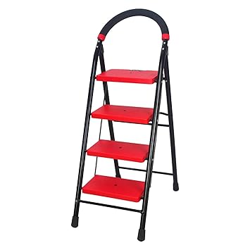 CIPLA PLAST 4 Steps Super Milano Heavy Duty Ladder for Home Premium Alloy Steel Folding 4 Step Ladder for Home, Wide Anti-Skid Steps (Black & RED) GEC-L4(SM) (Large)