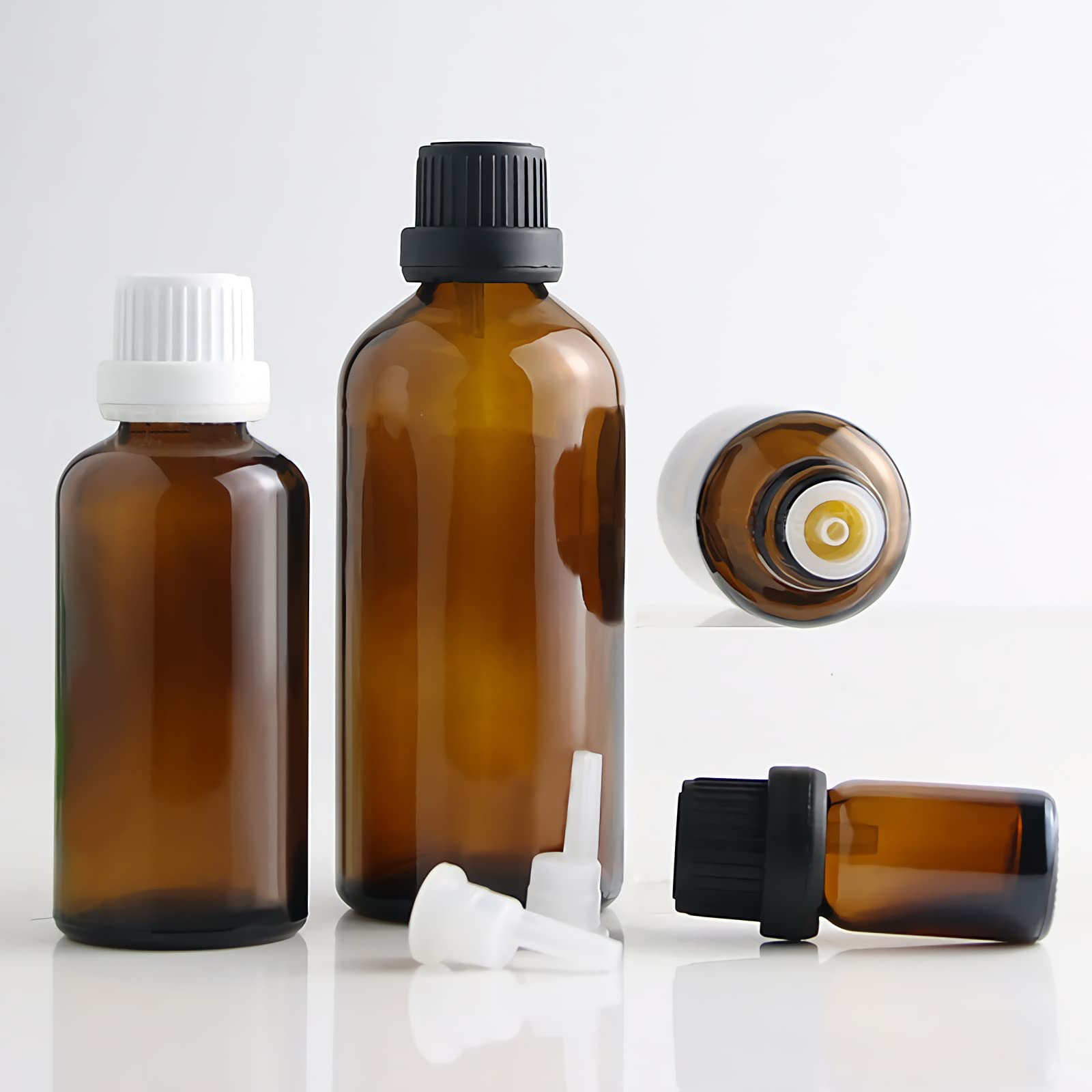 24 Pezzi Bottiglietta di Vetro per Oli Essenziali da 10 ml Ambra Marrone Bottiglia con Tappo di Sicurezza Bianco con Contagocce Interno a Caduta, Contenitori di Aromaterapia