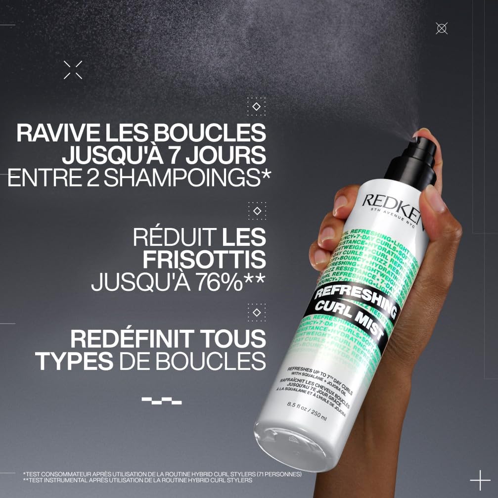 REDKEN, Brume Revitalisante Vegan, Hydrate & Rafraîchit les Boucles, Formule à l'Huile de Jojoba & Squalane, Cheveux Bouclés, Frisés & Crépus, Sans Silicone & Sans Sulfate, Hybrid Curl Stylers, 250ml