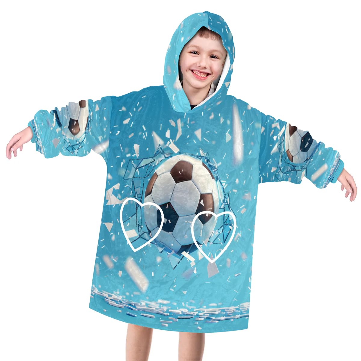 Pardick Wearable Blanket Hoodie for Kids, Dreamy Football Fleece Sweatshirt Blanket Oversized Blanket Sweatshirt with Pocket Flannel Warm Hooded Blanket 6-10 Year Old Girl Boy Gift, One Size