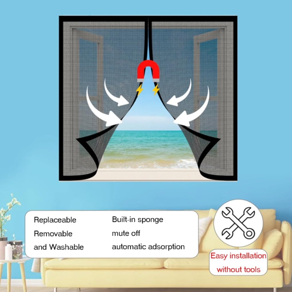 Magnet ct Fliegengitter für Fenster - Schwarzer Fliegenschutz ohne Bohren, einfache Klebemontage, passend für alle Universalfenster (150x130cm)