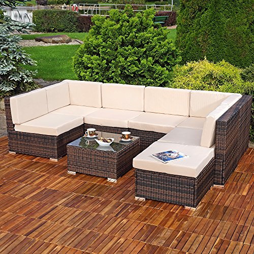 Melko Garten Ecksofa Polyrattanlounge Sitzgarnitur Gartenlounge mit Kissen, Verbindungsclips und Schraub-Ausgleich-Standfüße