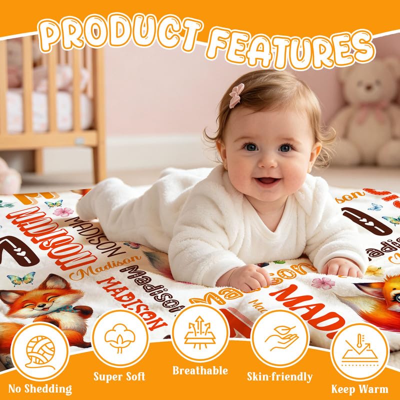 Image of Custom Fox Blanket for Boys Girls,Ultra Soft Personalized Gifts Baby Blanket,Customized Throw for Toddlers Newborn Stroller Crib,50 inchx60 inch