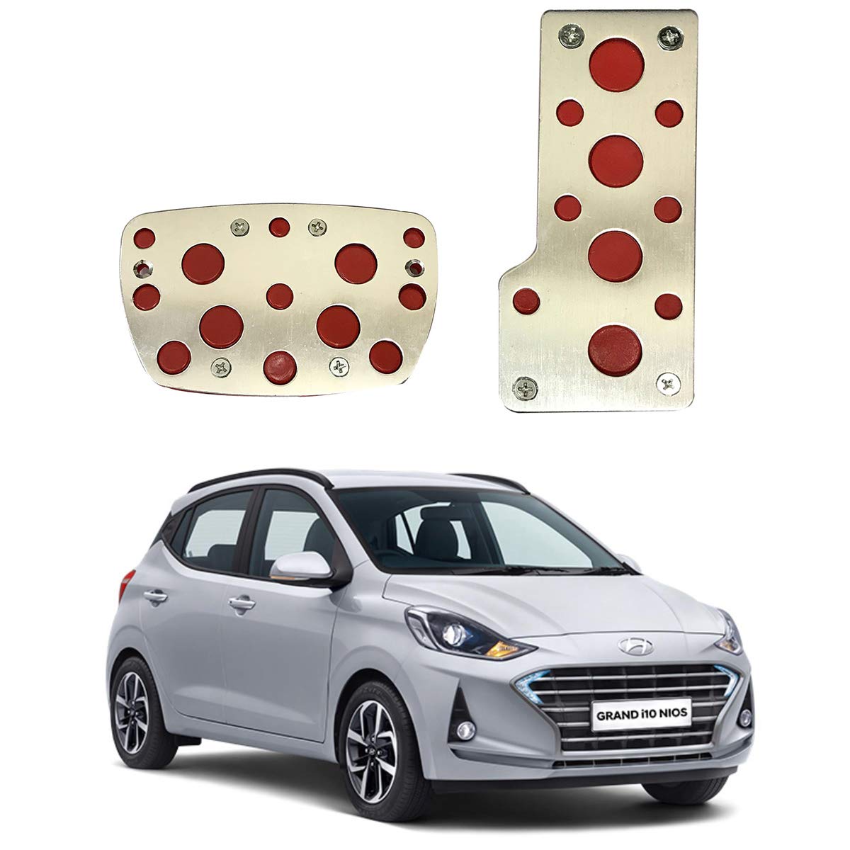 Oshotto 2 Pcs Non-Slip Automatic Transmission CS-04 Car Pedals Kit Pad Covers Set Compatible with Hyundai Grand i10 Nios (Red, Chrome)