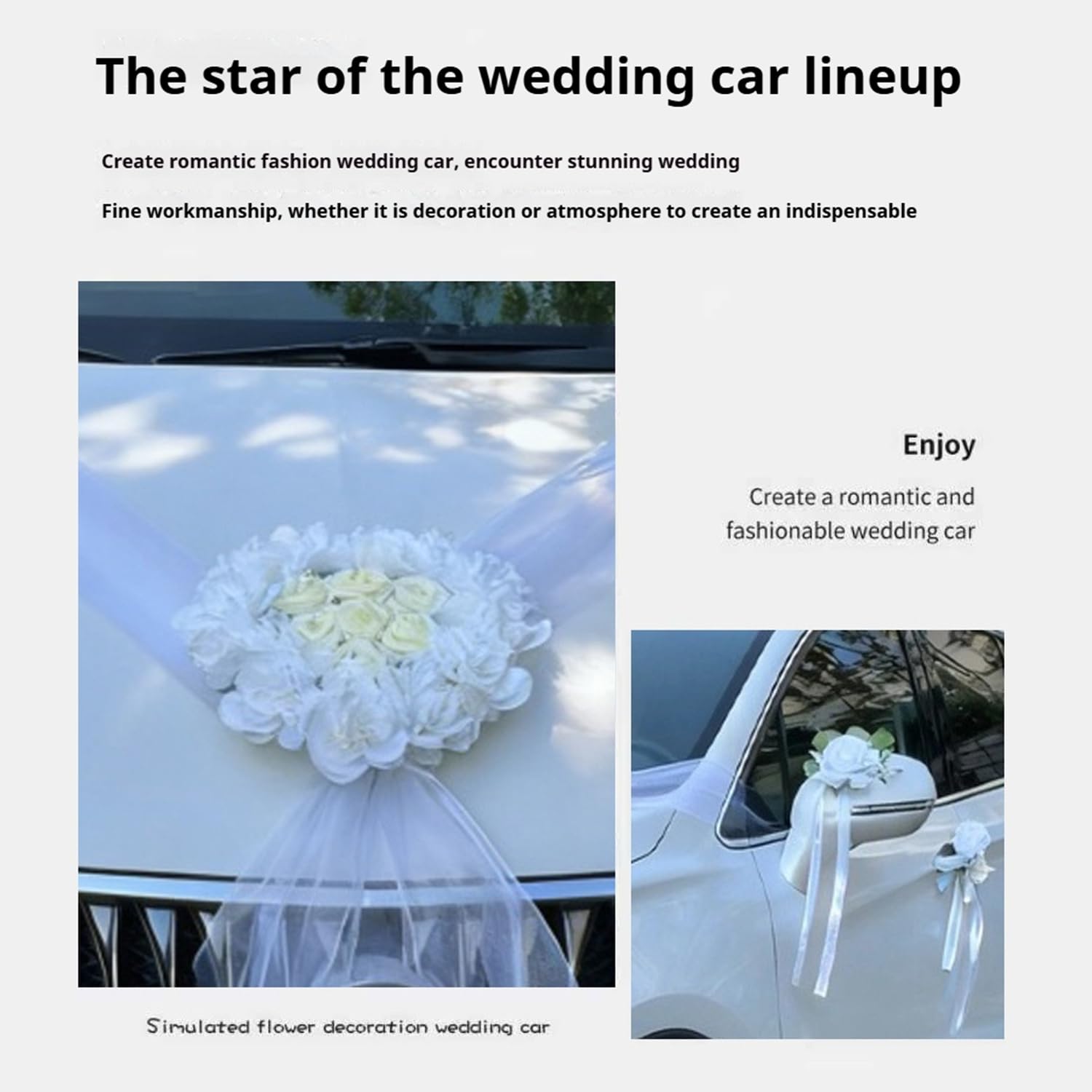 Autoschmuck Hochzeit Auto Schmuck Braut mit Band und Kabelbindern Wedding Girlande Auto Hochzeitsschmuck Rückspiegel Deko Blumen Hochzeitsauto Dekoration für Hochzeitsfeier Weiß 2 Stück