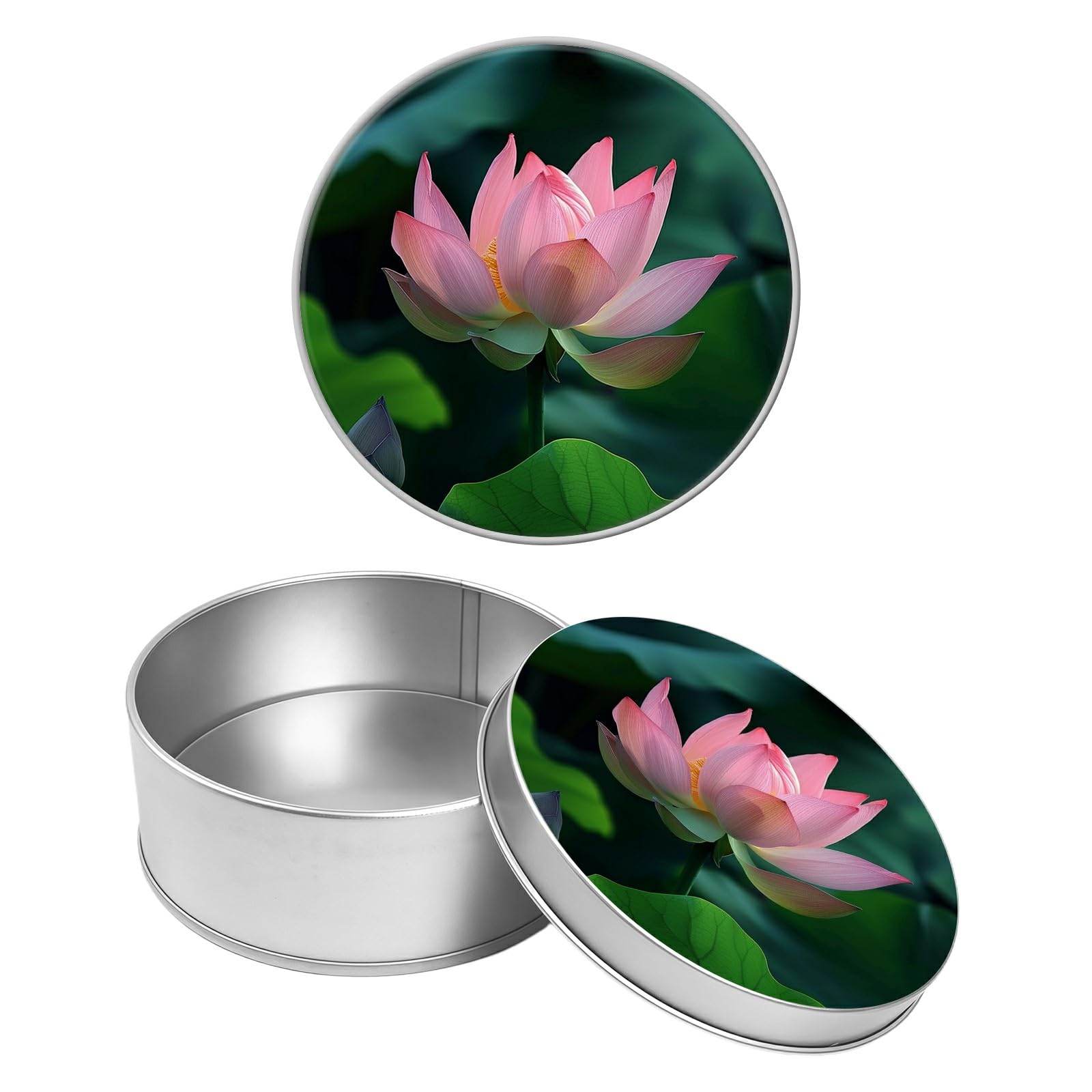Round Metal Tin Container with Removable Lid, Blooming Pink Lotus Durable Metal Storage Box for Crafts Snacks Candies Office Supplies Small Items 3.54 x 1.38 inch– Single Pack