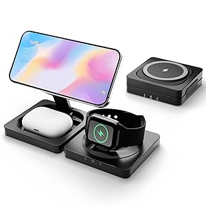 Magnetic Wireless Charger for iPhone: 3 in 1 for Travel 15W Fast Charging Pad Foldable for iPhone 17 16e 16 15 14 13 12 Pro Max - for Apple Watch Ultra and AirPods Series Magnet Multiple Devices,Black