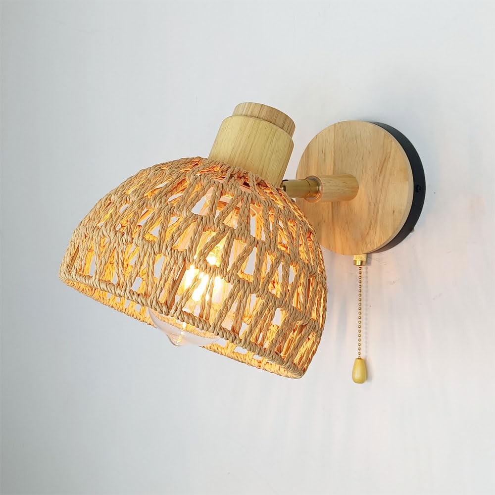 Klobvtt Wall Sconce with Pull Cord Rattan Wall Lamp Vintage Vanity Wall Light Farmhouse Sconces Wall Lighting Bedroom Bedside Wall Lamps Living Room Wall Mount Lights E27 Lantern