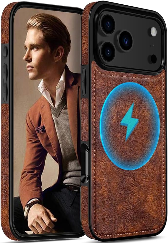 LOHASIC for iPhone 17 Pro Leather Case Compatible with MagSafe, Slim Luxury PU Non-Slip Grip Rugged Bumper Shockproof Protective Cover Phone Case for iPhone 17 Pro 6.3" 2025 - Brown