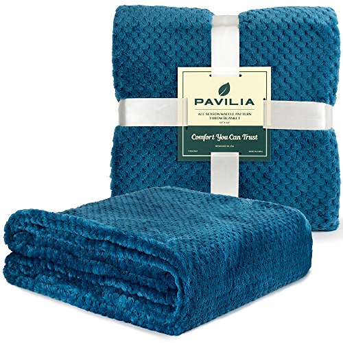 PAVILIA Premium Flannel Fleece Throw Blanket for Sofa Couch | Teal Blue Waffle