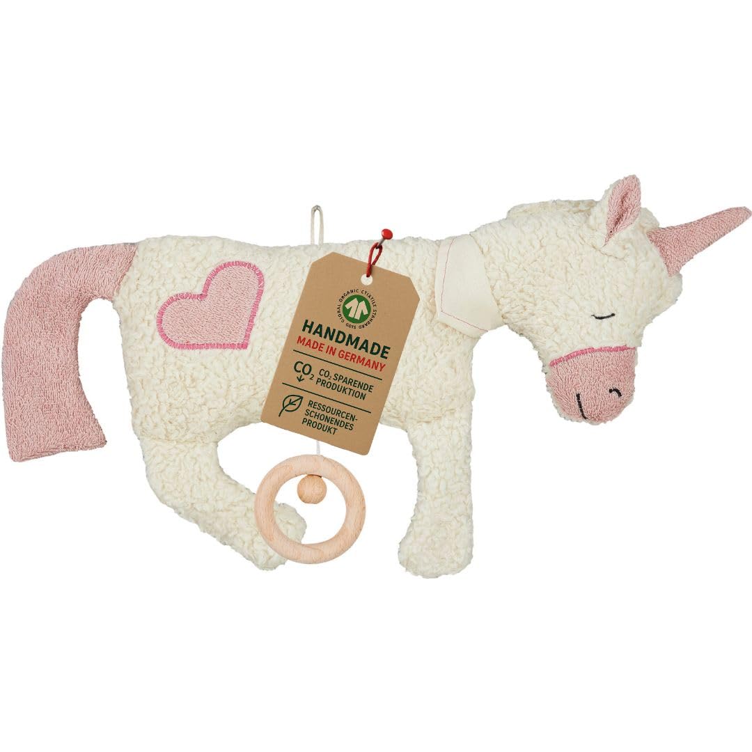 Efie Bio - Spieluhr Einhorn, Herz Applikation, kontrolliert biologischer Anbau (organic), Made in Germany, GOTS zertifiziert, nachhaltig, Melodie (LaLeLu)