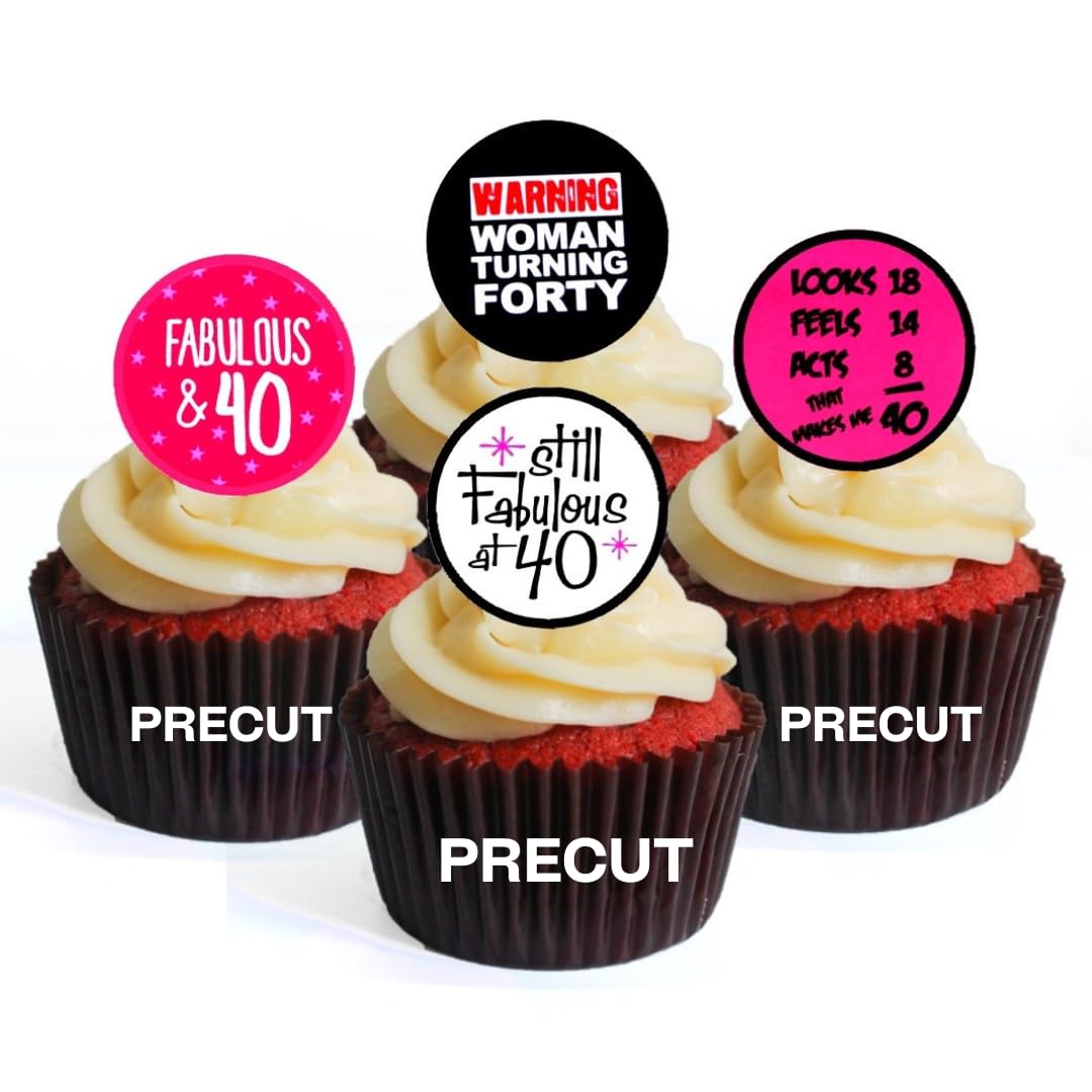 24 PRECUT 40th Birthday Edible Cupcake Toppers - 40 & Fabulous Premium ...