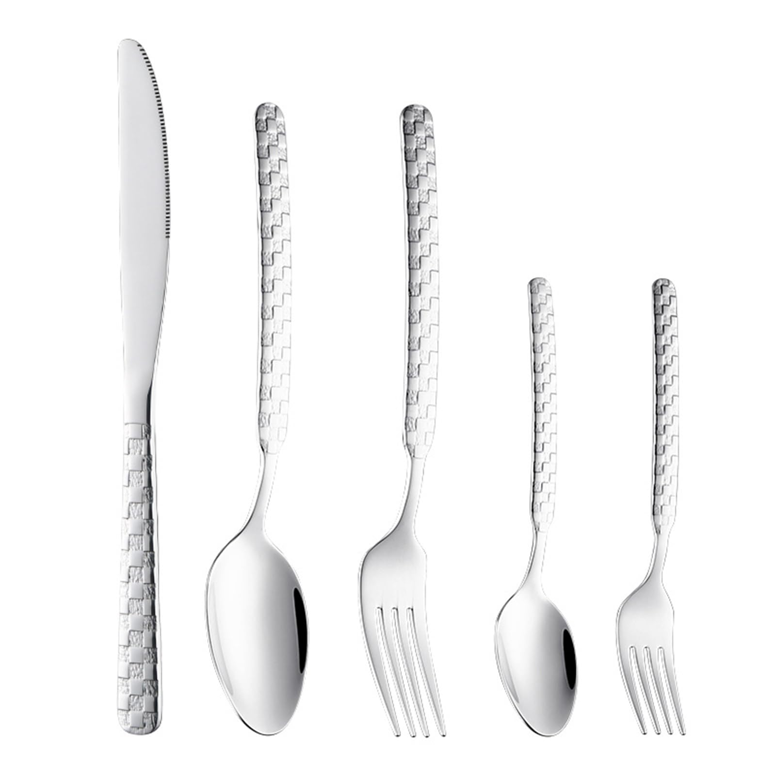 Ce Service de Couverts pour 16 Personnes Comprend Un Couteau de Table, Une Fourchette de Table, Une cuillère de Table et Une cuillère à Dessert, Le Tout en Acier Inoxydable martelé. Couleur