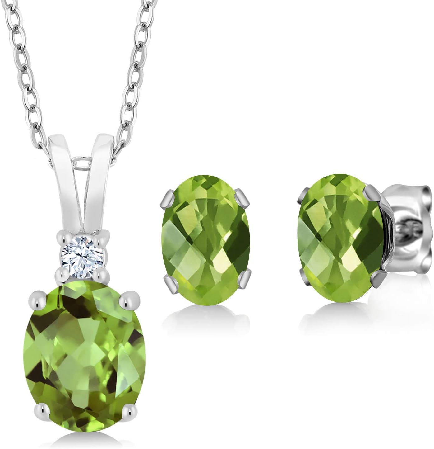 Gem Stone King 2.98 Cttw Green Peridot Pendant and Earrings Jewelry Set For Women | 925 Sterling Silver | Oval Gemstone Birthstone | With 18 Inch Silver Chain