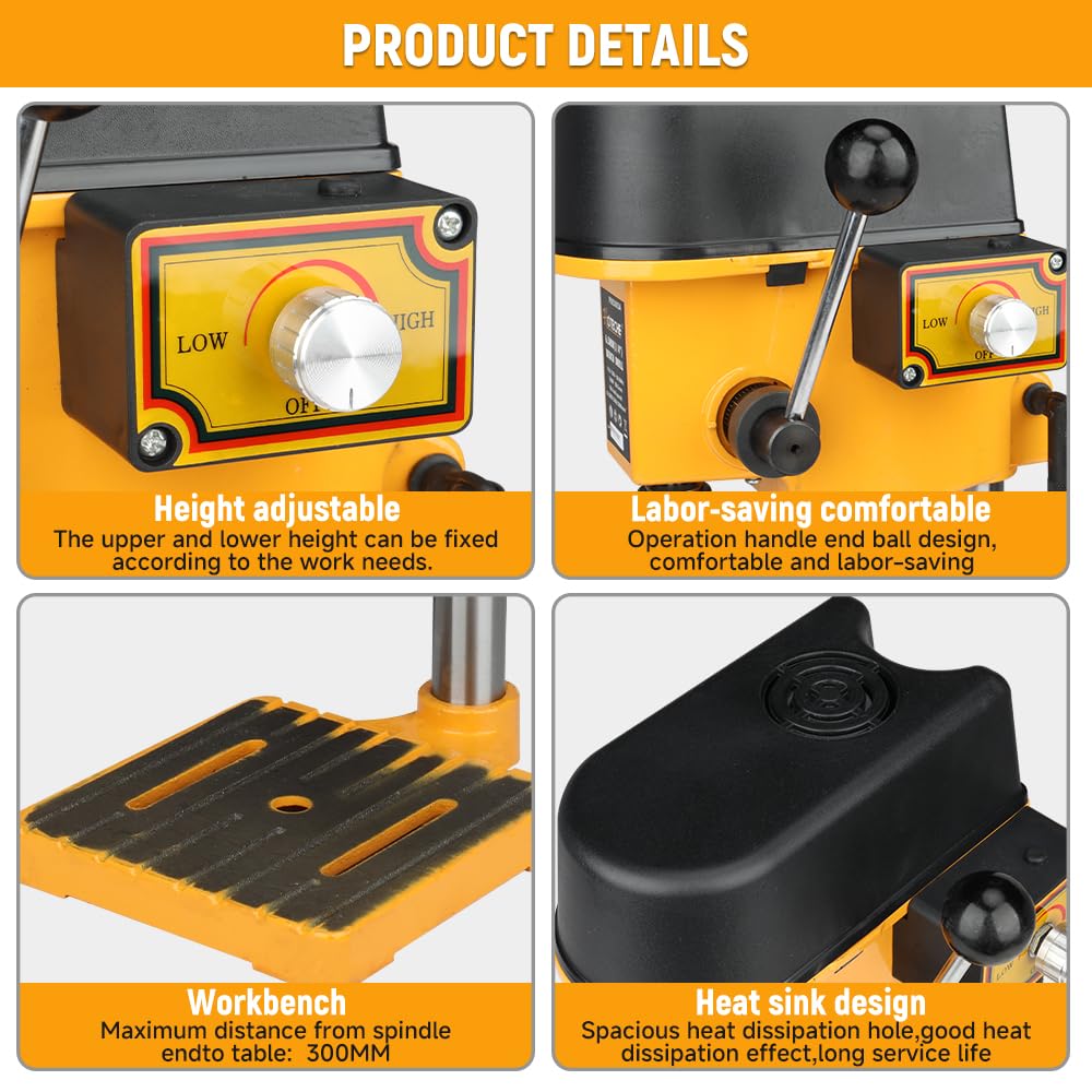 Hoteche Trapano da tavolo da 6,5 mm, 100 W, regolabile in 3 livelli (0-5000 giri/min), mandrino di precisione 0,6-6,5 mm, piano di lavoro 170 x 170 mm, per metallo/legno con accessori