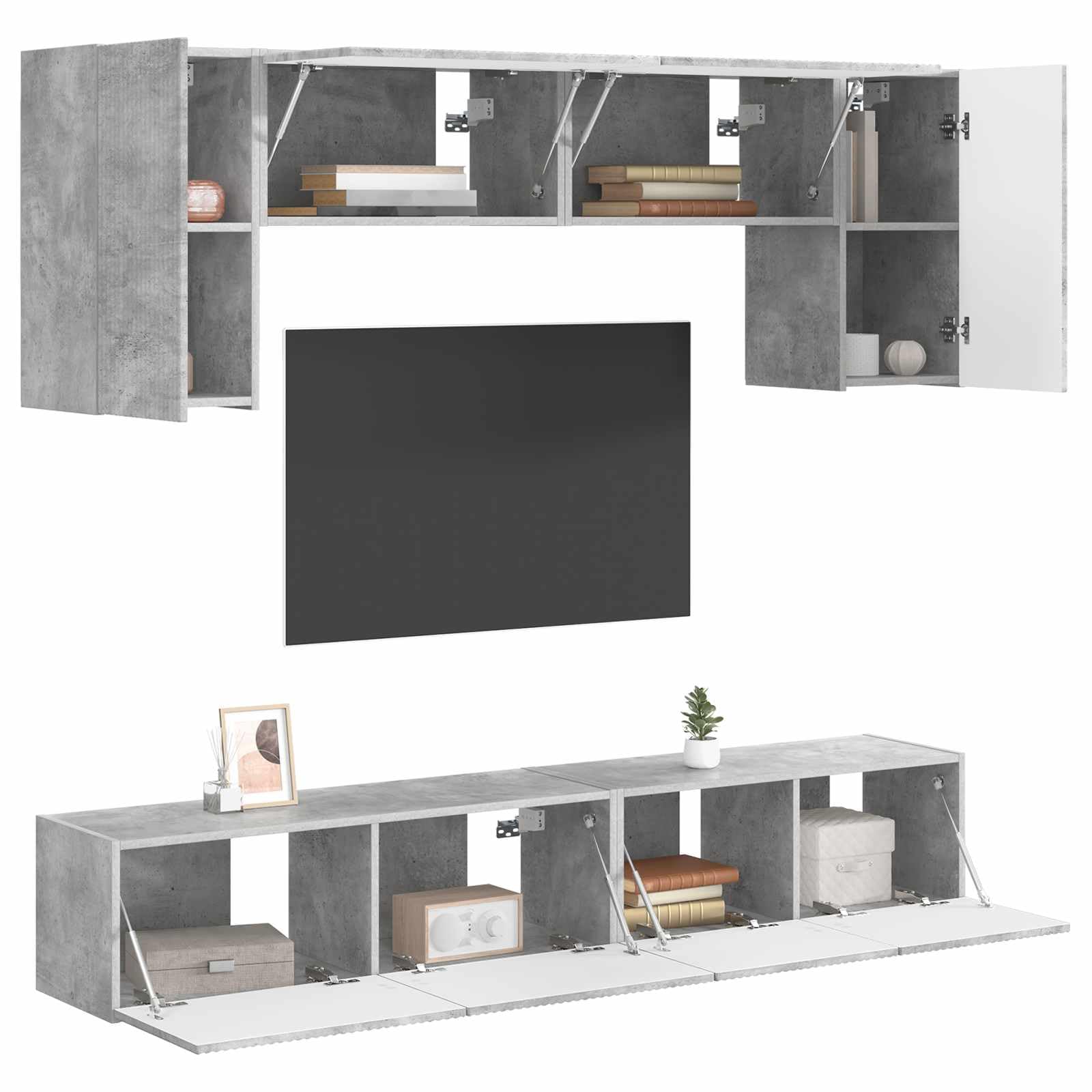 Ensemble Meuble TV 4 pièces Gris béton en Bois d'ingénierie, Montage Mural avec étagères, tiroirs et Portes, Rangement pour Salon séjour multimédia, Console et Support Audio vidéo