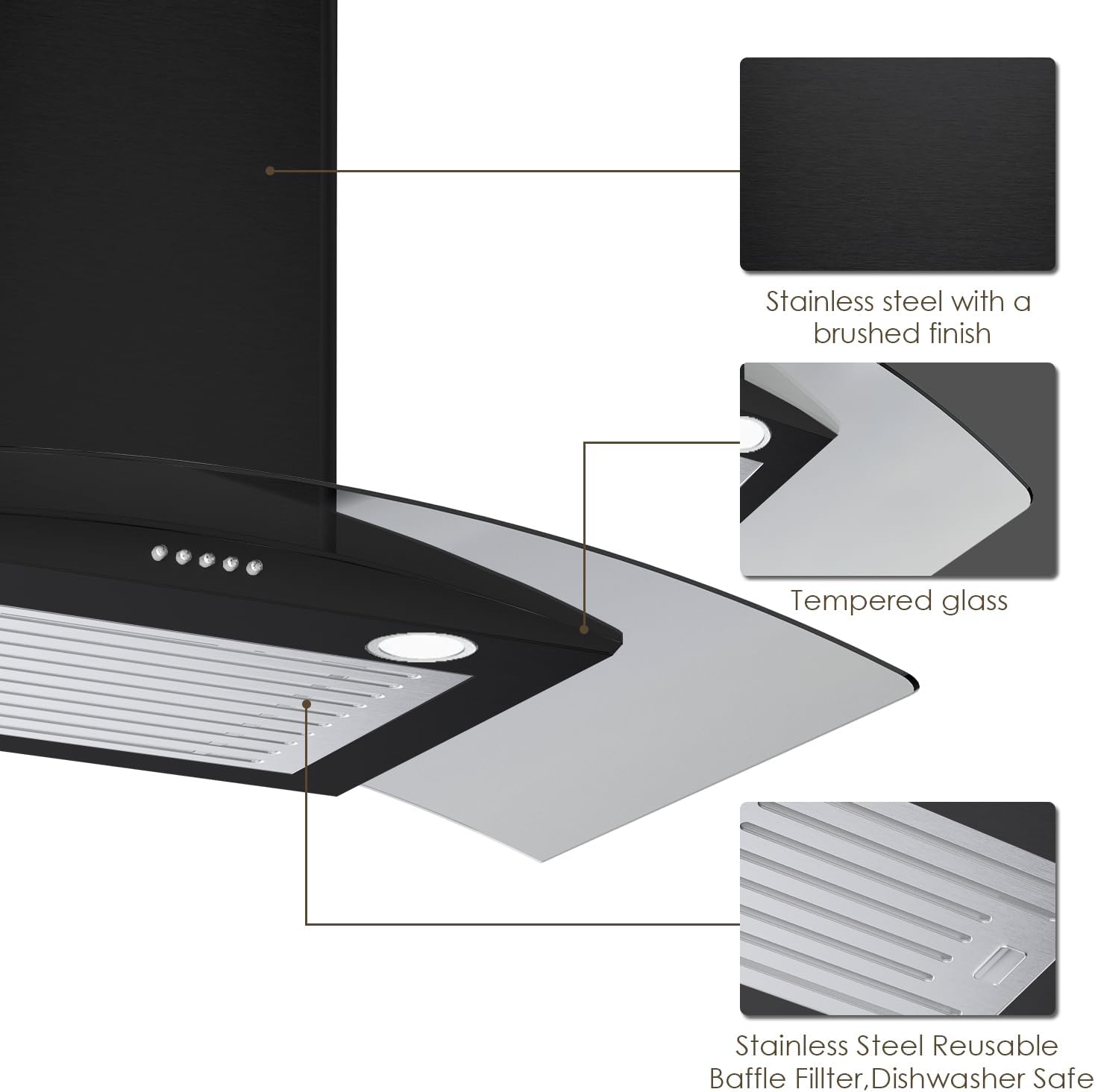 30 Inch Black Range Hood Wall Mounted Curved Glass Range Hoods with 450 CFM, Stainless Steel kitchen Ductless/Ducted Convertible with 3 Speed Controls, Permanent Baffle Filters and 2 LED Lights