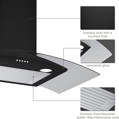 Miniatura 2 de Campana extractora negra de 30 pulgadas para montar en la pared con 450 CFM, acero inoxidable convertible sin ductosconductos con 3 controles de