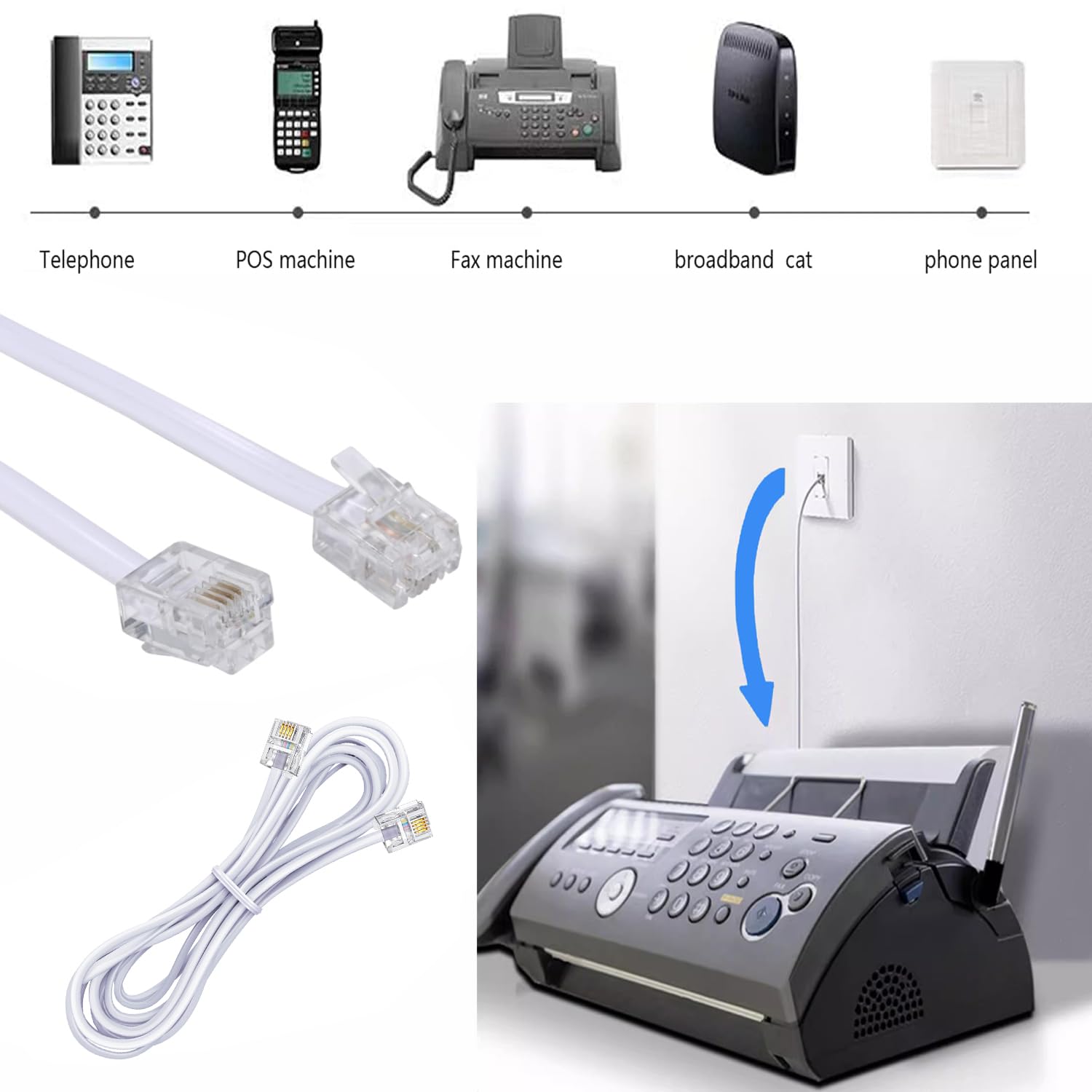 Lot de 4 rallonges de câble pour téléphone fixe avec prise standard RJ-11 6P4C (1,1 m, blanc)
