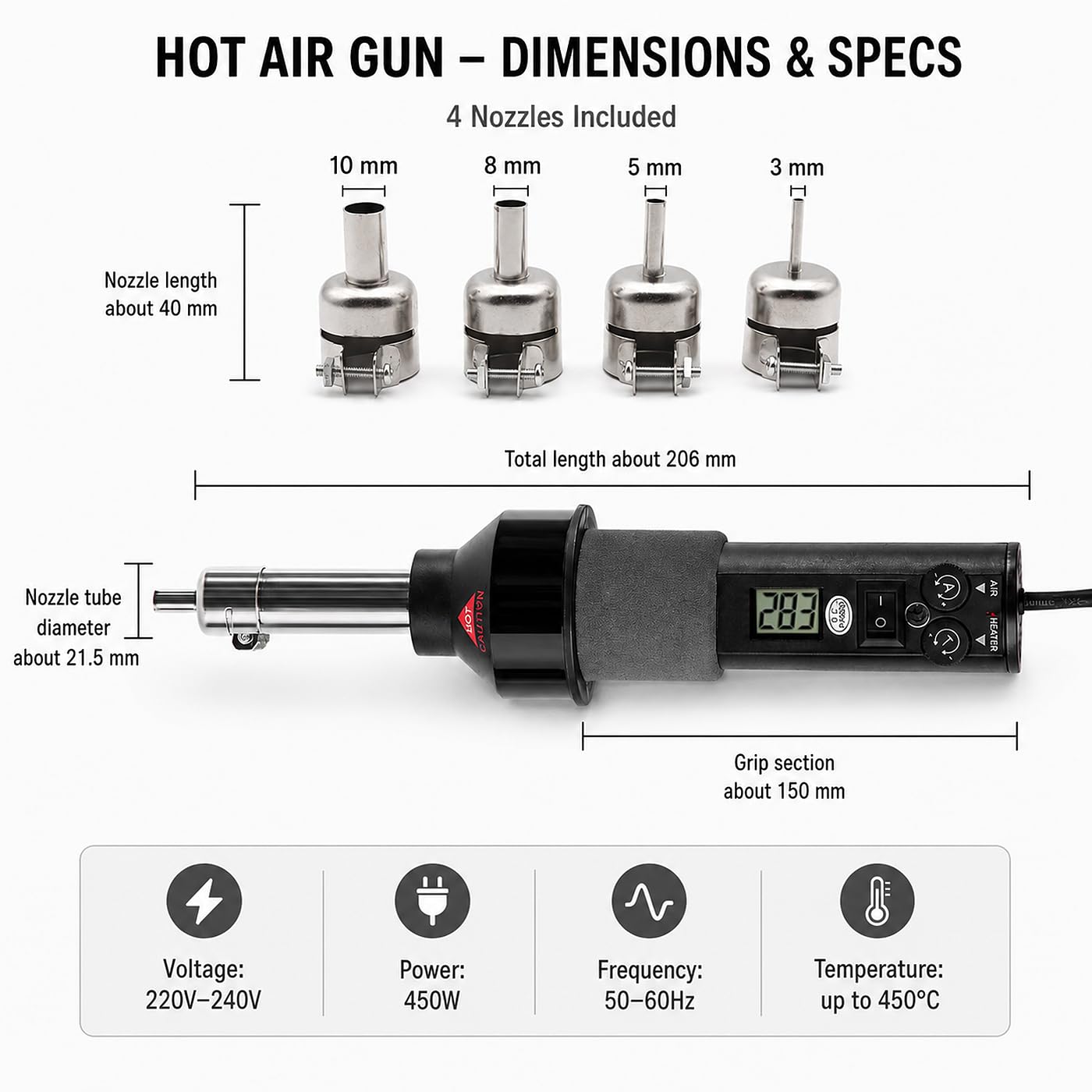 Pistola de Aire Caliente Portátil 450W, Temperatura + Flujo de Aire Ajustable Con Pantalla Digital de Soldadura Desoldadora Soplador de Aire Caliente, para Soldadura Heat Ic Smd Bga, Tubo Retráctil