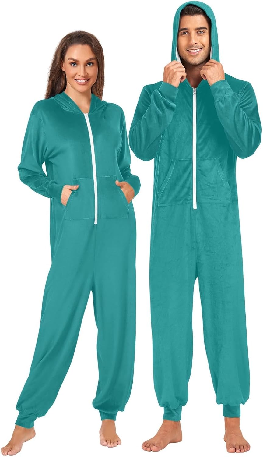 Teal Adult Onesie Pajamas with Hood and Zipper, Soft Plush One Piece Loungewear for Men Women Christmas Sleepwear