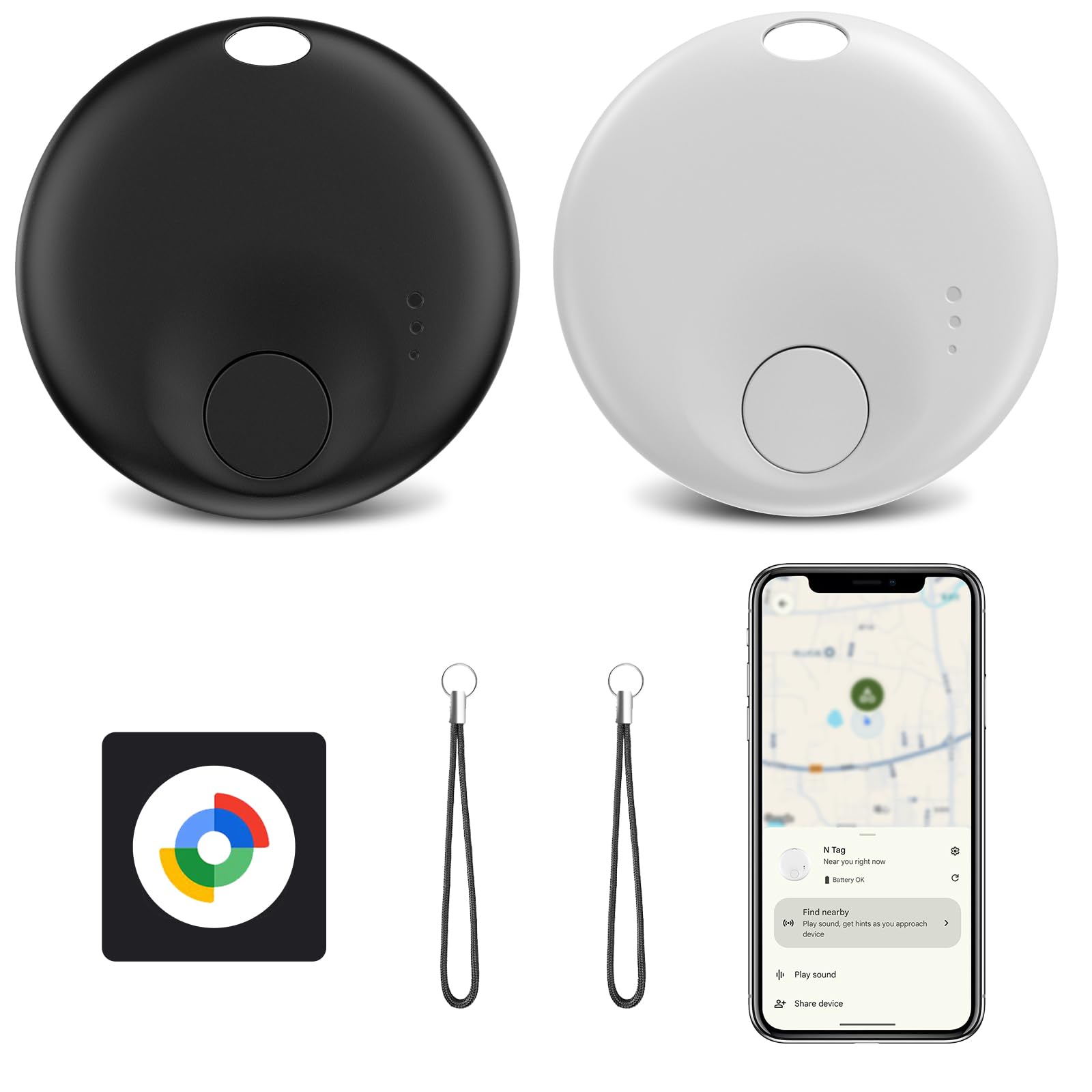 Android Smart Tracker Tag, Localizzatore Android Compatibile “Google Funzioni Trova” (Solo Android), Trova Oggetti e Chiavi/Bagagli/Portafogli/Valigia, Batteria Sostituibile (1 nero e 1 bianco)