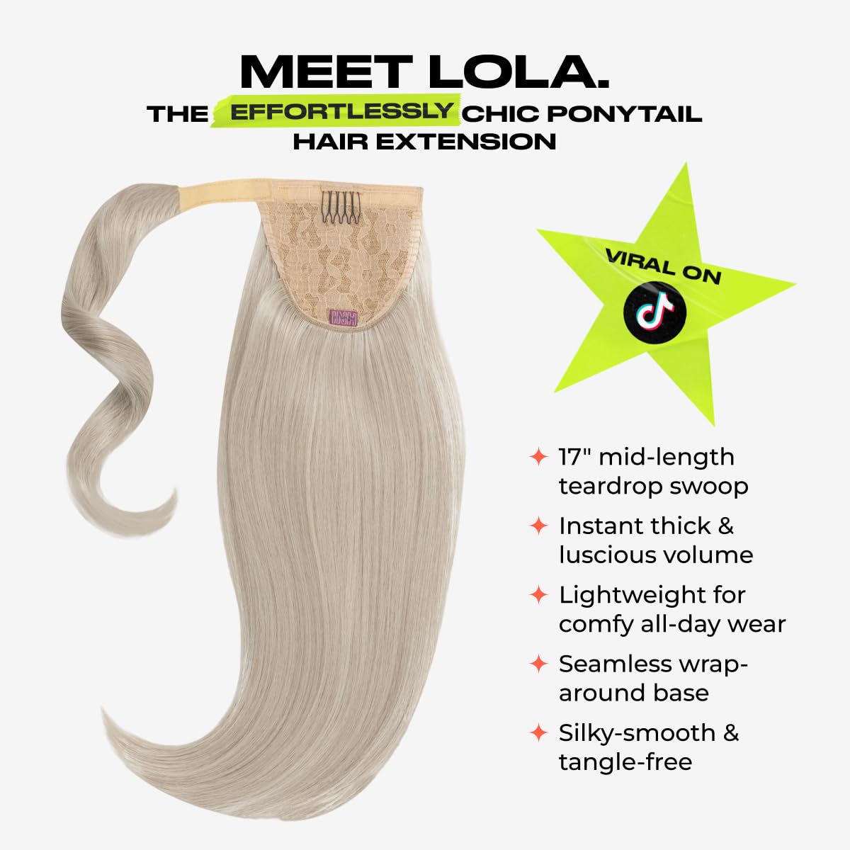 INH Hair Lola Ponytail Extension - Icy Platinum Blonde | Lola 17 inch Clip in Straight Pony with Swoop, Secure Comb Base and Wrap Around Design, Mid-length for Women, Lightweight Vegan Synthetic Hair
