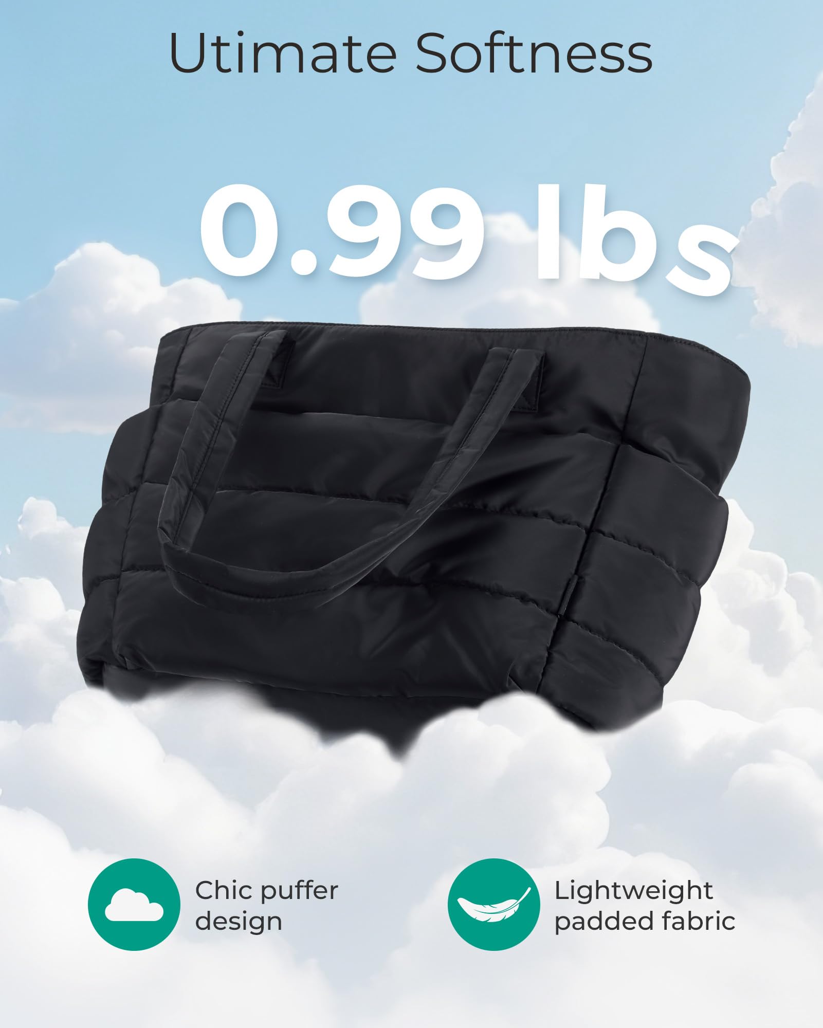 bagsmart Torebka damska Puffy Tote Bag torba na ramię, 20 l, torba robocza z zamkiem błyskawicznym, lekka torebka do pracy, podróży, na zakupy, do szkoły