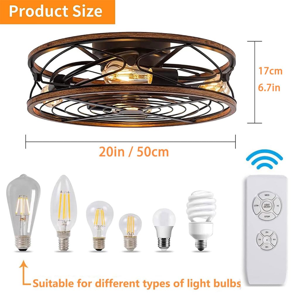 Deckenventilator Mit Beleuchtung, 50cm Retro Deckenlampe Mit ventilator, Deckenleuchte Mit Fernbedienung, E27 Lampensockel, Timer, Leise, Für Schlafzimmer Kinderzimmer Wohnzimmer