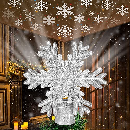 Puntale Albero Natale, Lumitact Punta Albero di Natale con Proiettore LED per Fiocchi di Neve, 9.06' 3D Argento Lucido Base...