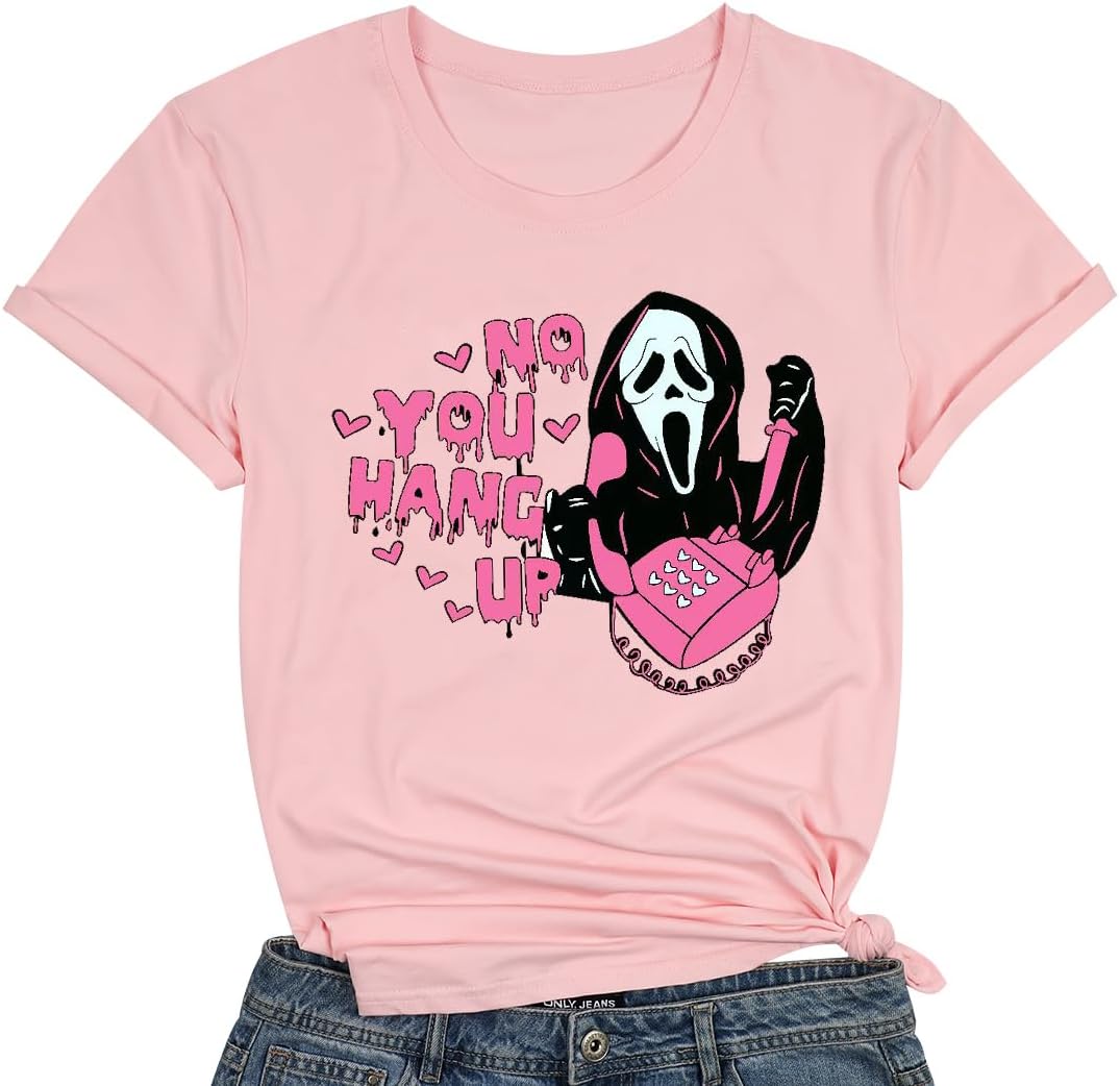 TOWNOWNNo You Hang Up Scary Horror Movie Halloween Shirt Women Funny Ghostface T Shirt Casual Halloween Party Tee Tops