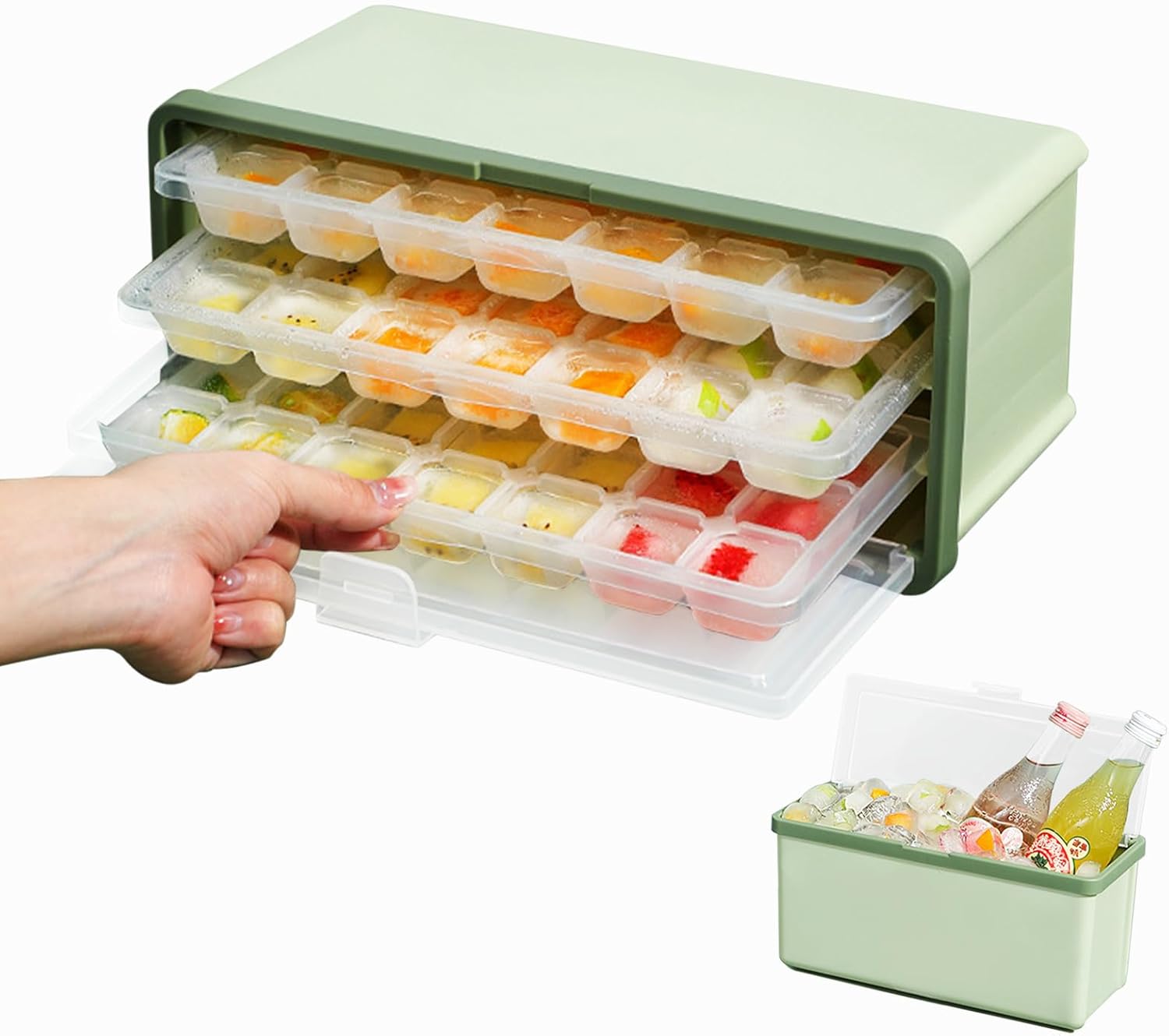 3 in 1 Ice Cube Tray with Bin and Lid, 3-Layer Slide-Out Freezer Ice Trays With Box for Freezer, BPA-Free Food Grade PP, Dishwasher Safe, 63 Cubes for Whiskey, Cocktails, Parties & Outdoor Use, Green