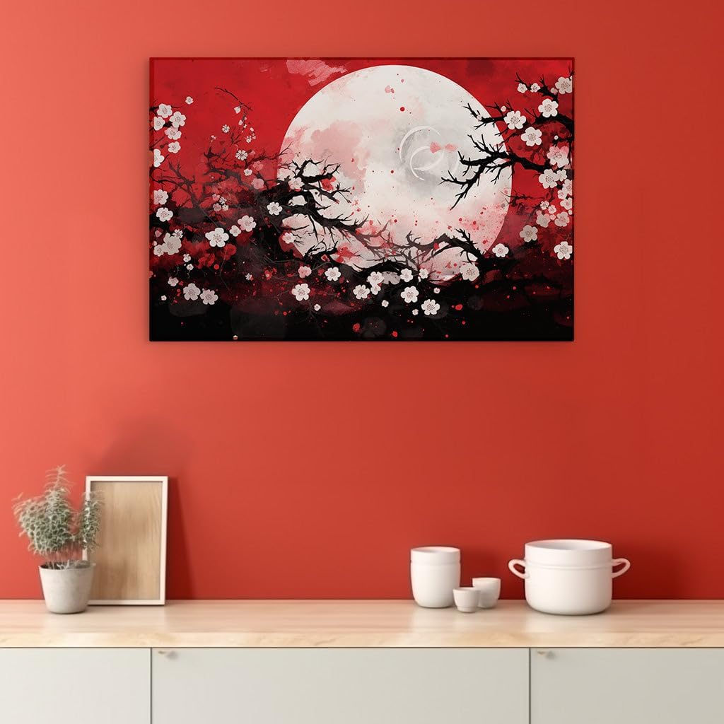 Canvas for Living room. Lunar Serenity Amidst Cherry Blossoms - A Digital Nighttime Masterpiece, 27 x 18 inch Canvas Wall Art - Contemporary Masterpieces - Modern Home Decor - 69x46 cm (27x18 inch)
