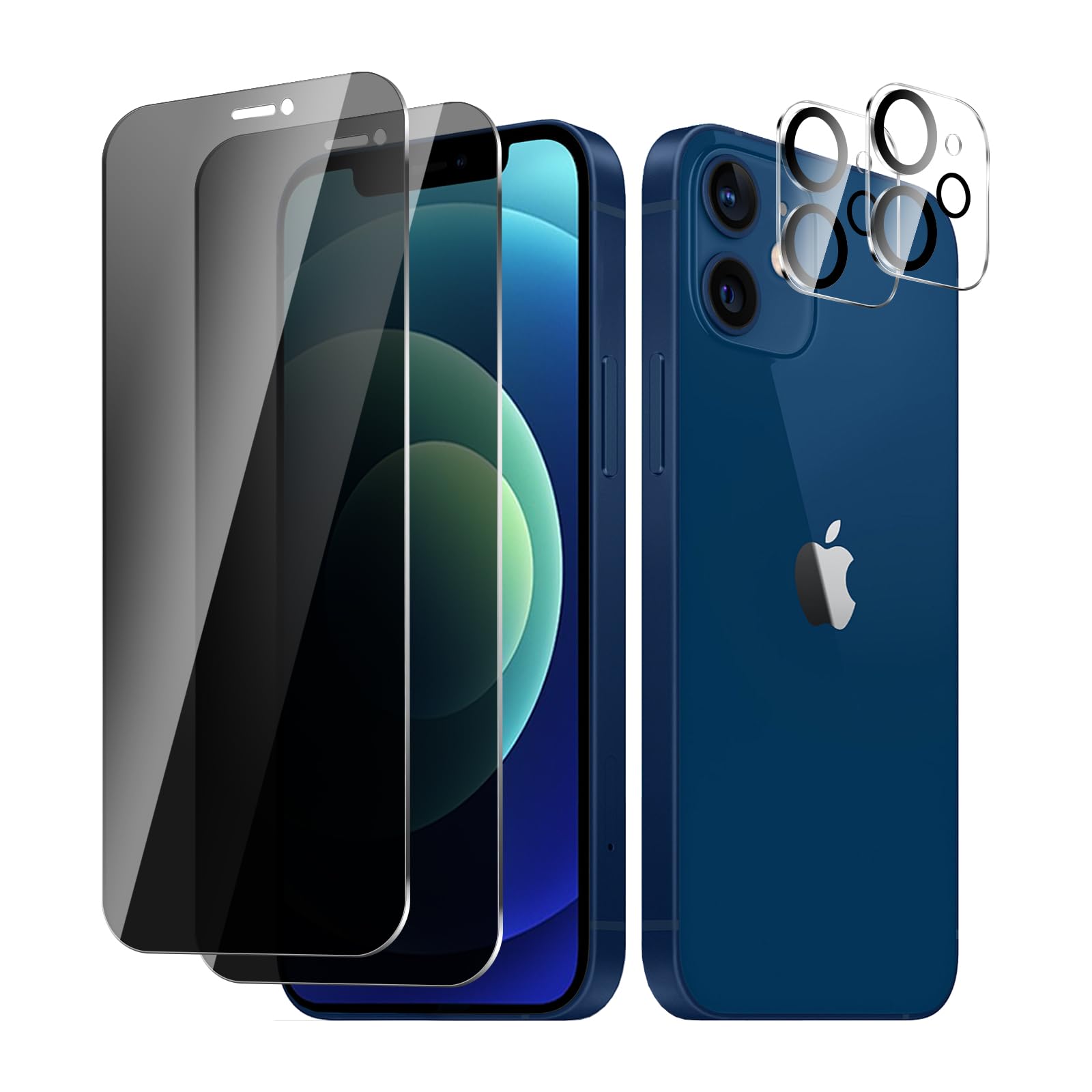 2+ 2Pack pour iPhone 12 de Protection Verre Trempé Anti-Espion + Protecteur D'objectif D'appareil Photo, Dureté 9H Vitre, Compatible Avec Les Coques et Résistant Aux Rayures