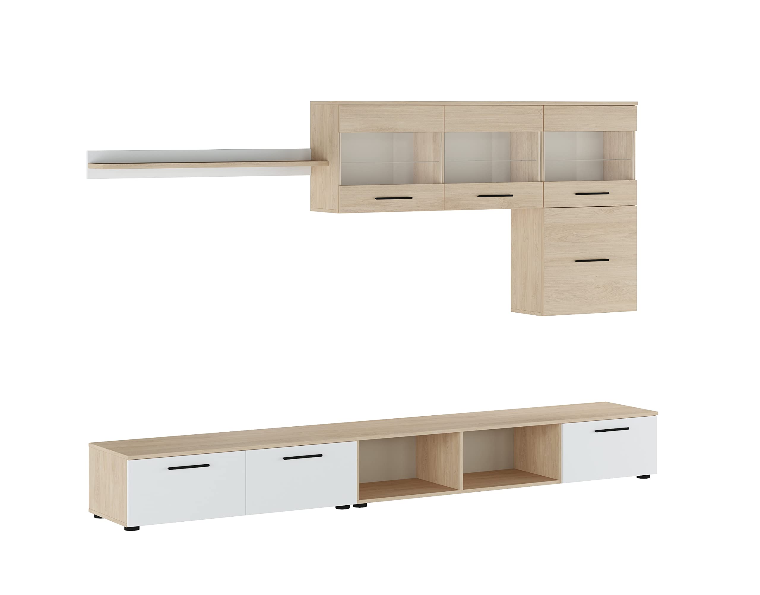 Skraut Home - Muebles de Salón - Modelo París - Conjunto de Aparador-Estantería y Mueble TV - Estilo Nórdico - con Luz LED - Melamina - Blanco y Roble