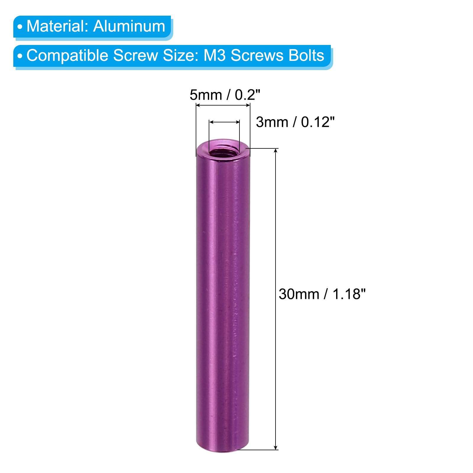 PATIKIL 6pcs M3 Metal Threaded Standoff Spacer Nuts, Round Aluminum Spacers Female Coupling Screws, 1/8" ID x 3/16" OD, Purple 3x5x30mm - Image 2