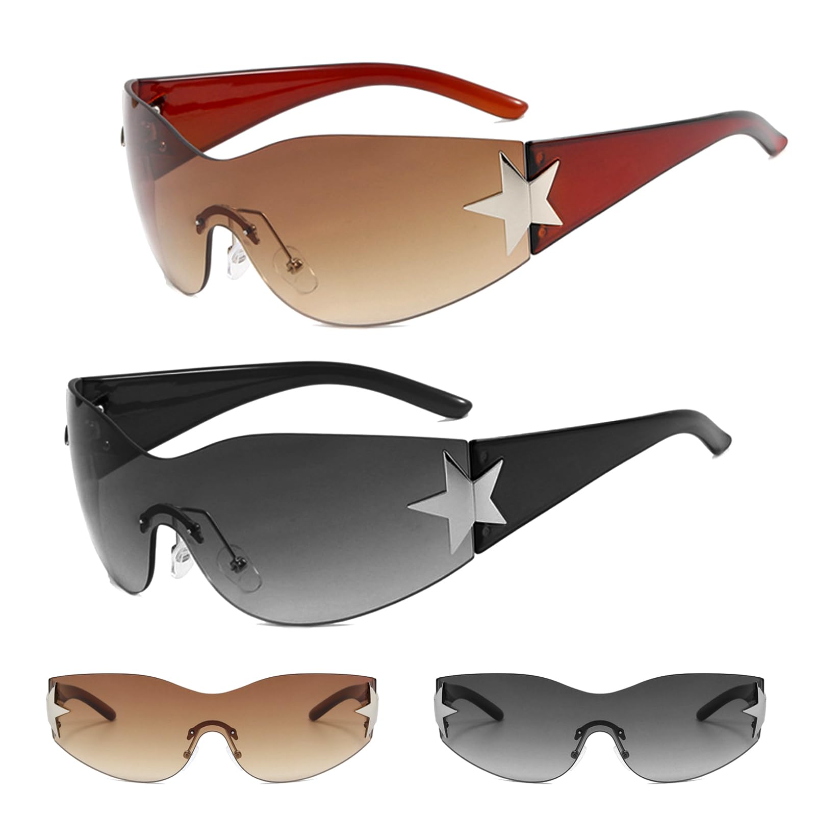 Feibety2 Pack Vintage Sunglasses for Women,Fashion Retro Rimless Y2K Eyeglasses Oversized UV400 Protection Eyewear Shield Wrap Around Sunglasses for Girls Women Shopping Travelling Summer Party Makeup